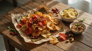 Editorial Azhar-universe still life: cassava chips, banana chips and cashews. Digital HQ original.