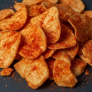 Editorial tomato-paprika cassava chips. Digital HQ original.