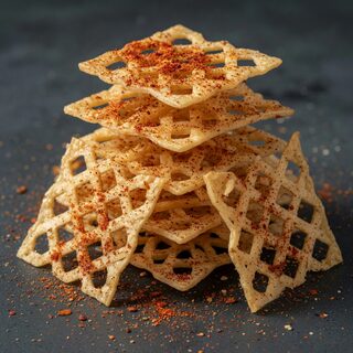 Editorial pagoda-style cassava crackers. Digital HQ original.