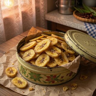 Editorial banana chips in tin. Digital HQ original.