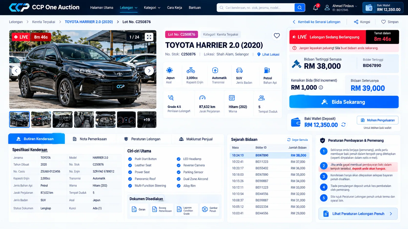 Konsep halaman butiran lot dan Live Bid