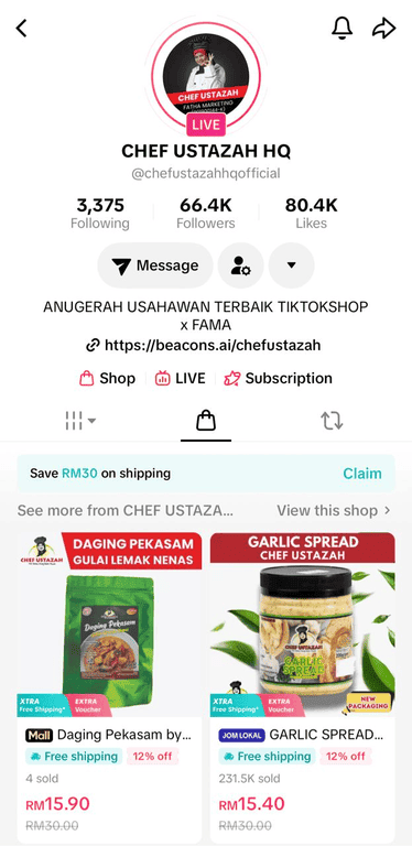 Tangkapan skrin profil TikTok Chef Ustazah dalam profil syarikat.