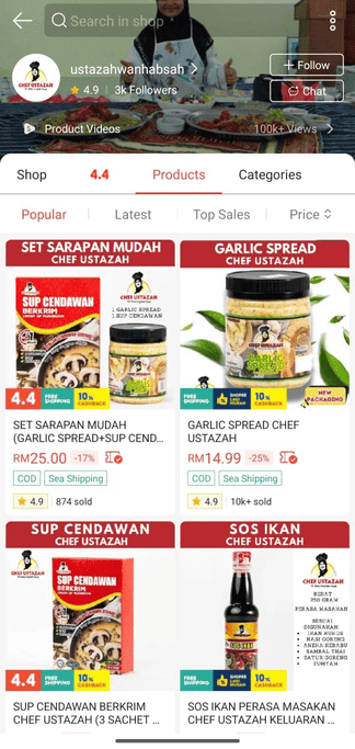 Screenshot of the Chef Ustazah Shopee store and products in the company profile.