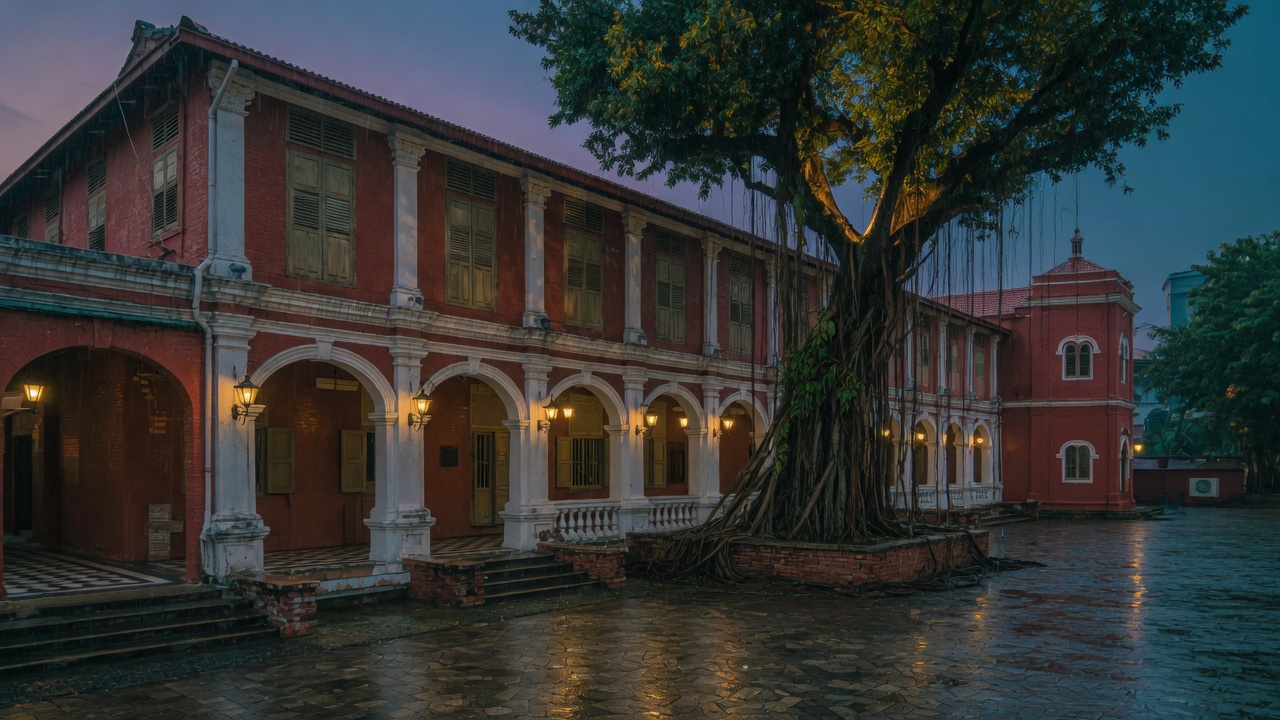 Bangunan sekolah gaya kolonial di Melaka pada waktu senja
