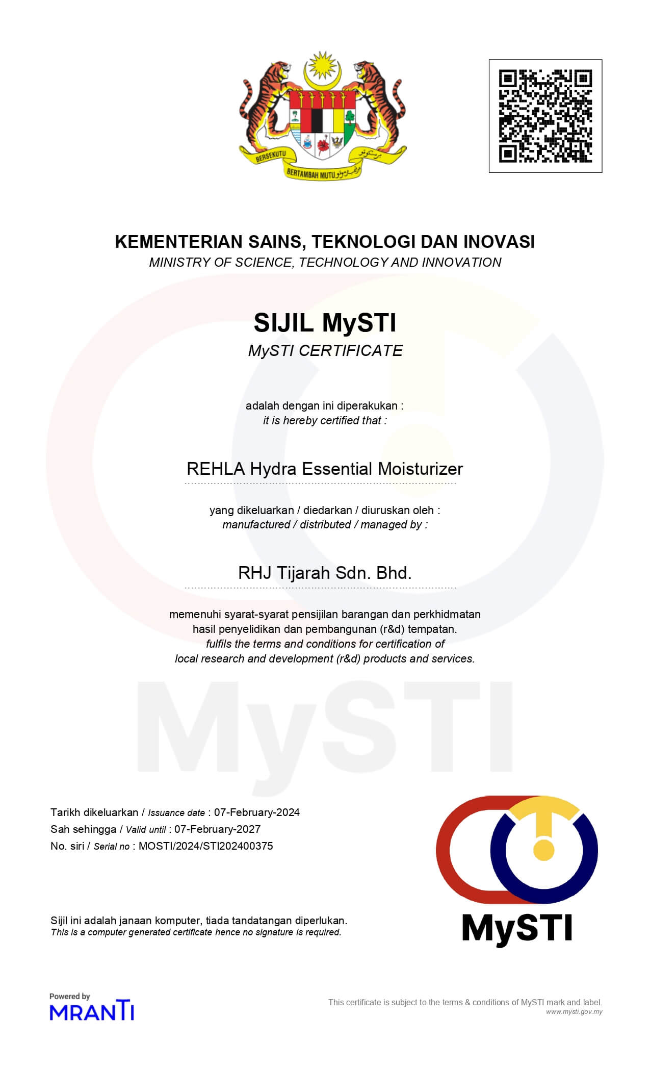 REHLA MySTI recognition certificate