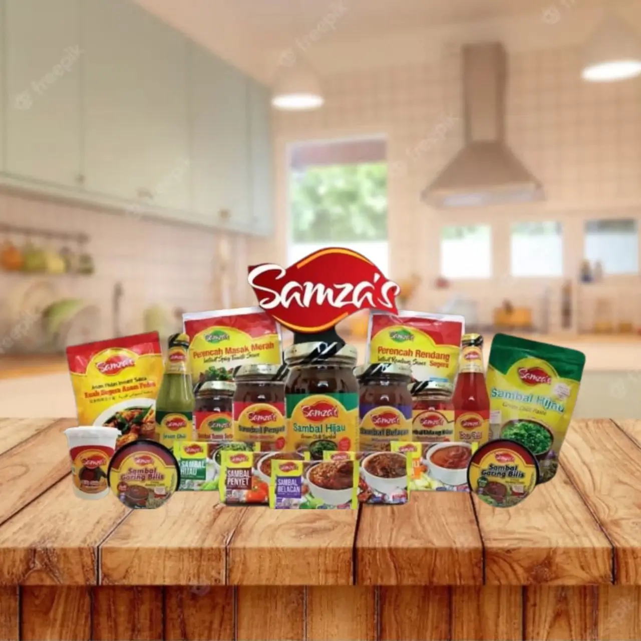 Selection of Samza sambal, sauces and cooking products