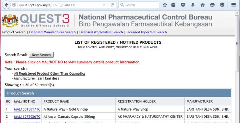 Checking product registration with Malaysia National Pharmaceutical Regulatory Agency
