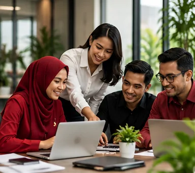 Malaysian business professionals collaborating around a laptop