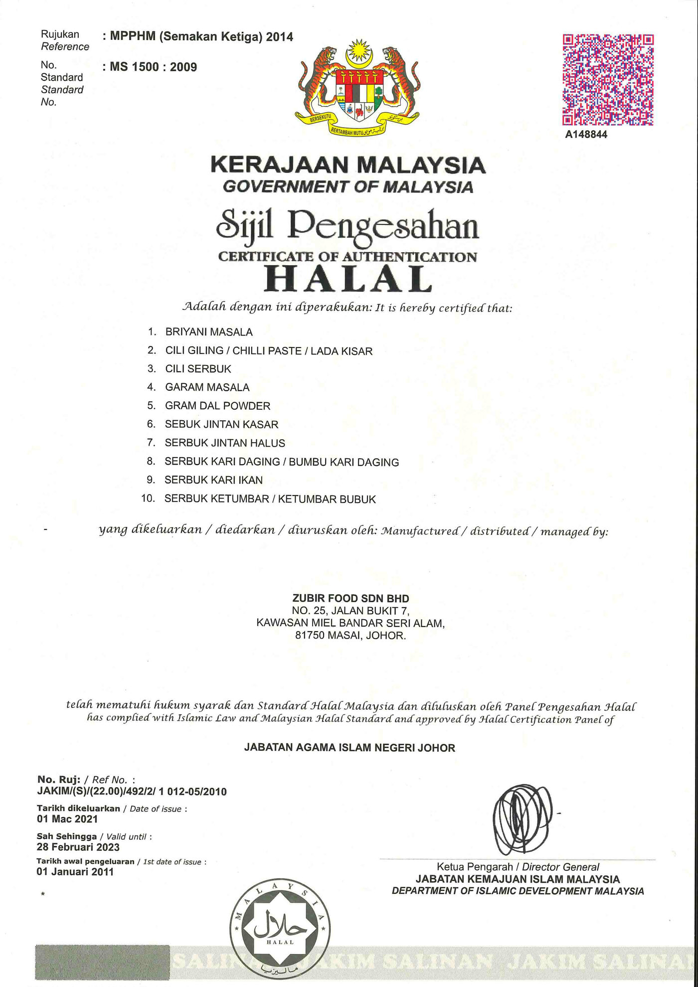 JAKIM Halal certificate published by Zubir Food